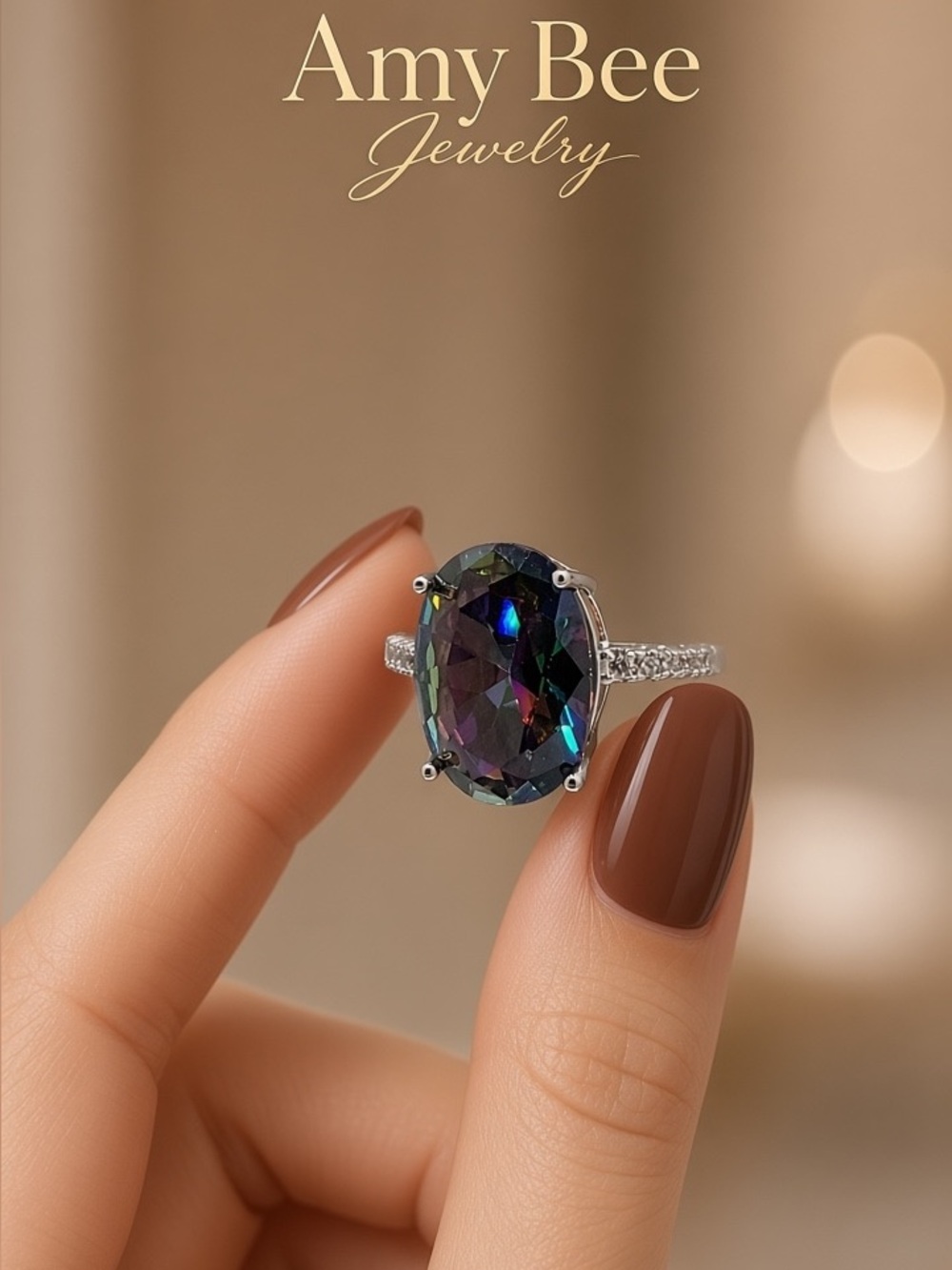White Gold Plated Mystic Topaz Oval Solitaire Ring in Multi-Colour with CZ Band. - Picture 3 of 8